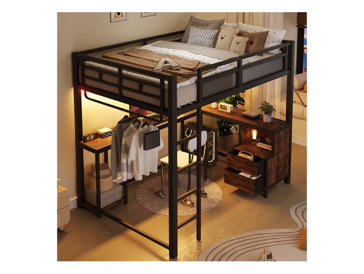 OKWISH Hochbett mit integriertem Schreibtisch (mit LED-Beleuchtung, Schreibtisch & Ablagefächern, 1-St., 140x200cm)