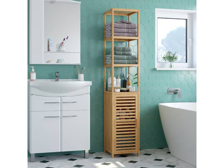 Getone Meuble Colonne Rangement, Armoire Haute en Bambou avec 3 étagères et 1 Porte, Armoire de Rangement 33x34x169cm