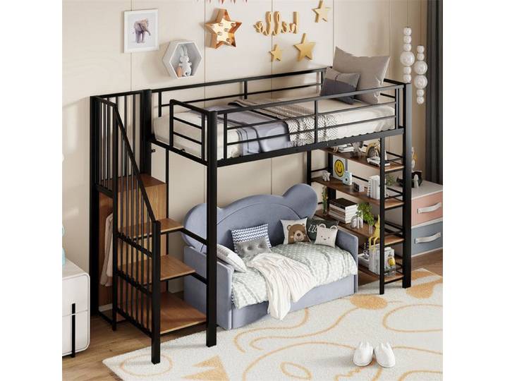 DRIPEX Lit mezzanine 90*200cm pour adolescent avec armoire escalier de sécurité et étagères de rangement Lit en métal Noir