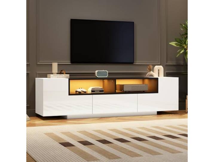 OLIVIBED TV-Schrank mit 2 Türen, Lowboard mit Offenen Fach und Schubladen, TV Board 180 cm für Fernseher bis zu 75 Zoll, Hochglanz Fernsehschrank für Wohnzimmer, Schlafzimmer, Weiß, 180x40x48cm
