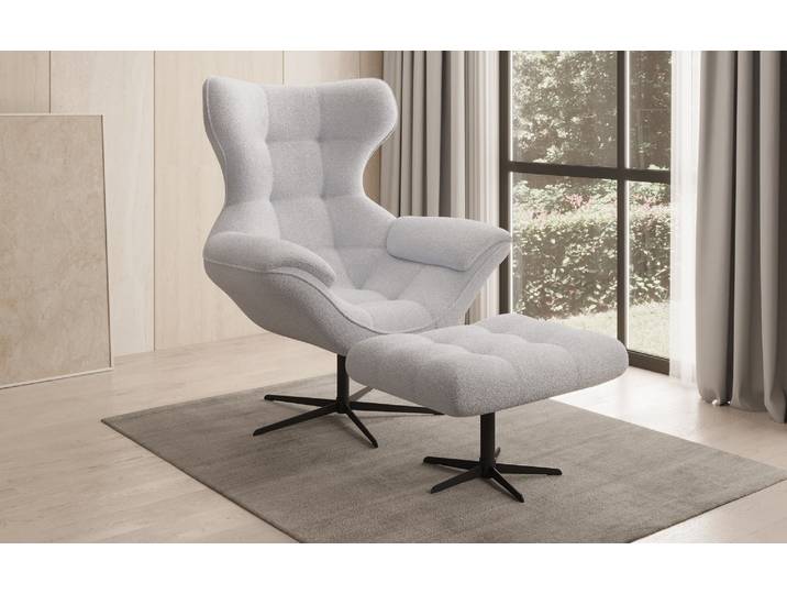 Designer Sofa-Sessel Aurelio inkl. Beistellhocker in Bouclé - Weiß - Bouclé - Luxusbetten24