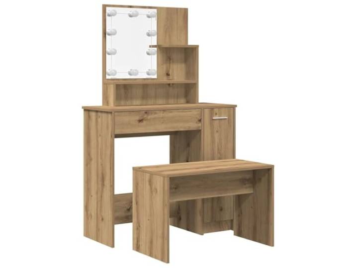 Schminktisch-Set mit LED-Beleuchtung, Holz, Eiche, handgefertigt Schminkspiegel, 3 LED-Farben, einstellbare Helligkeit, 5 V USB-Anschluss, Wandmontage, max. Gewicht 110 kg