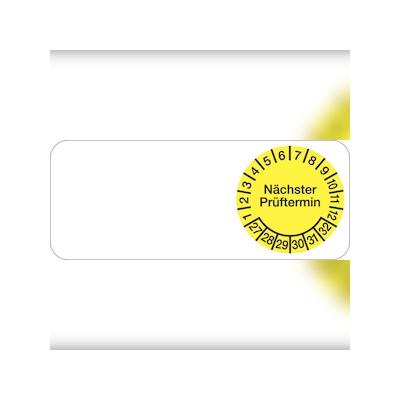 Kabelprüfplakette ab 27, Nächster Prüftermin, Gelb/Schwarz - Bogen = 5 Plaketten - 50 x 20 mm Folie selbstklebend