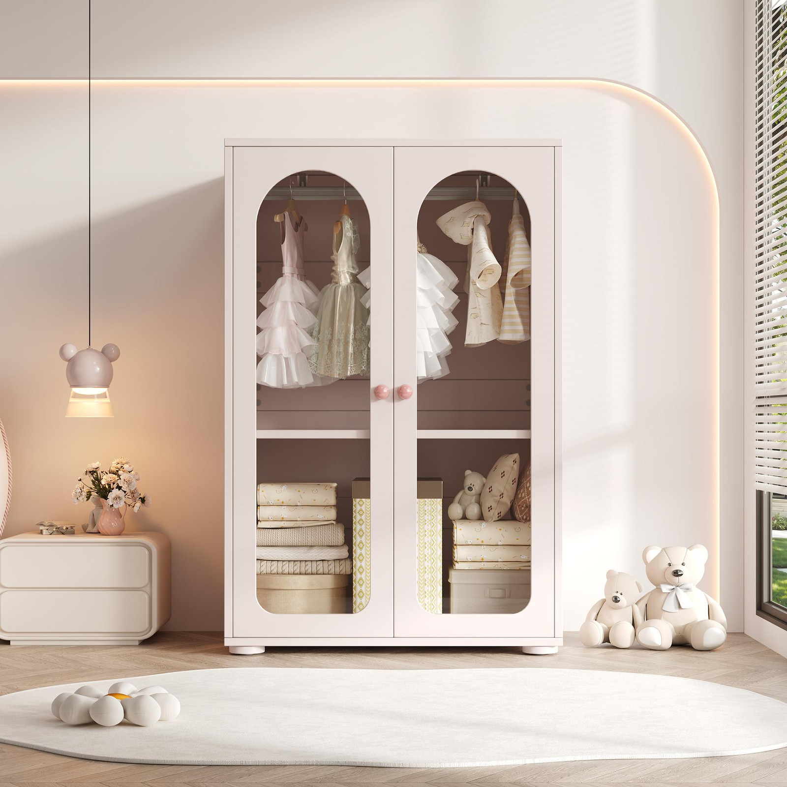 Okwish kinderkast met acryl glazen deuren en kledingstang, lichtroze