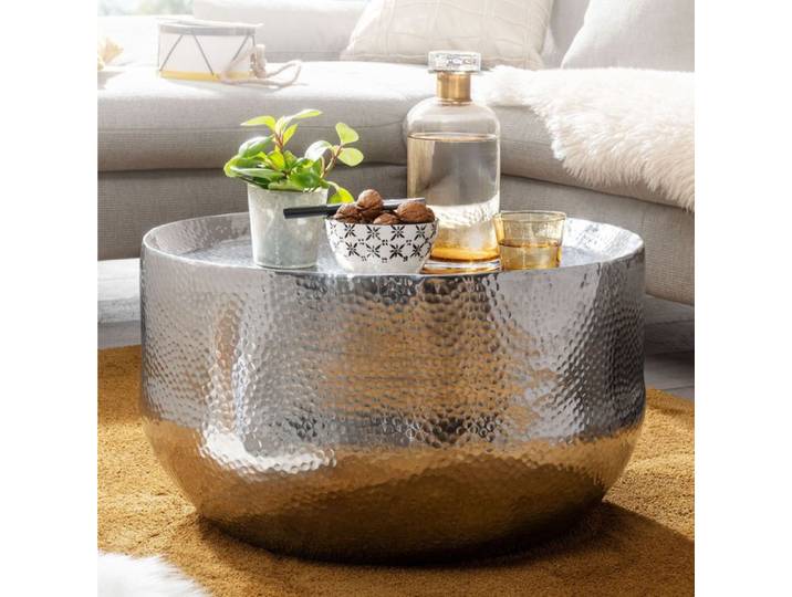 WOHNLING Table Basse Ronde 60x60x35 cm Aluminium Argentée Aspect Martelé