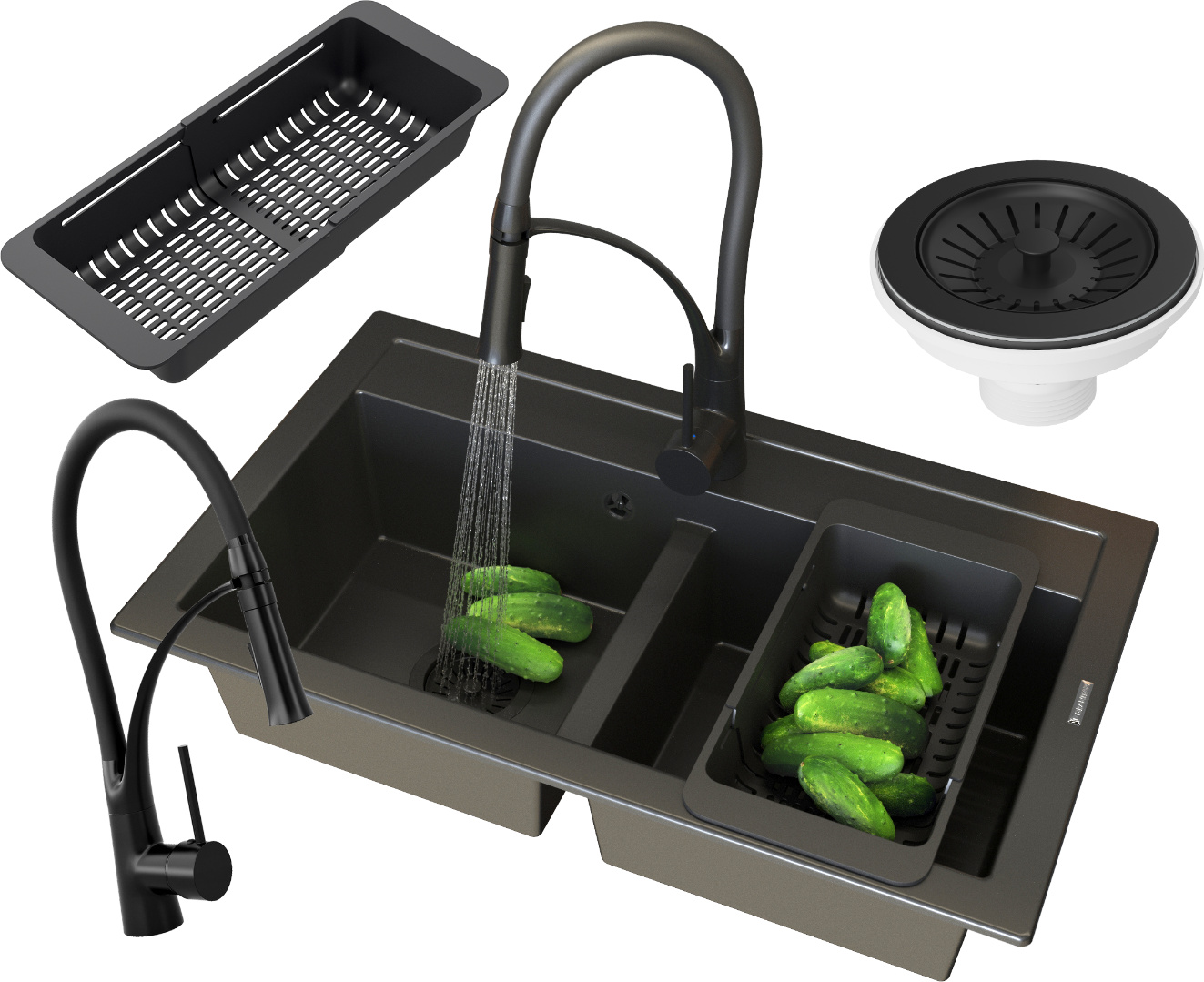 Granitan - Granitspüle - Küchenspüle - 2 Becken - 75x45 cm - Schwarz - mit Armatur NEXO und Siphon - DUET