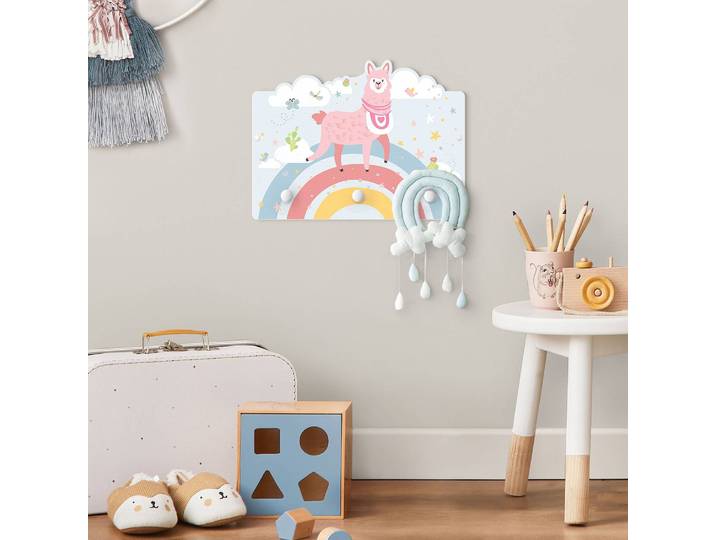 Patère enfants Lama et arc-en-ciel 40 x 30 x 1cm Multicolore