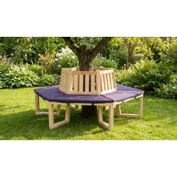 Rundbank Holzdorf - 205 x 178 x 90 cm - Farbe: Honigbraun (Bank) / Blau (Sitzauflage) - runde Baumbank aus Kiefernholz - Lieferung inkl. Sitzauflage