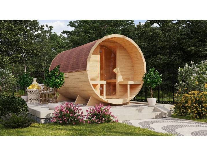 Fasssauna KONIFERA Lathy XXL , beige (naturbelassen), Saunaofen, integrierte Steuerung, 3,6 kW, Saunen, Fasssauna, Plug&Play Saunaofen mit Steuerung 3,6 kW inkl. 18 Kilo Steinen