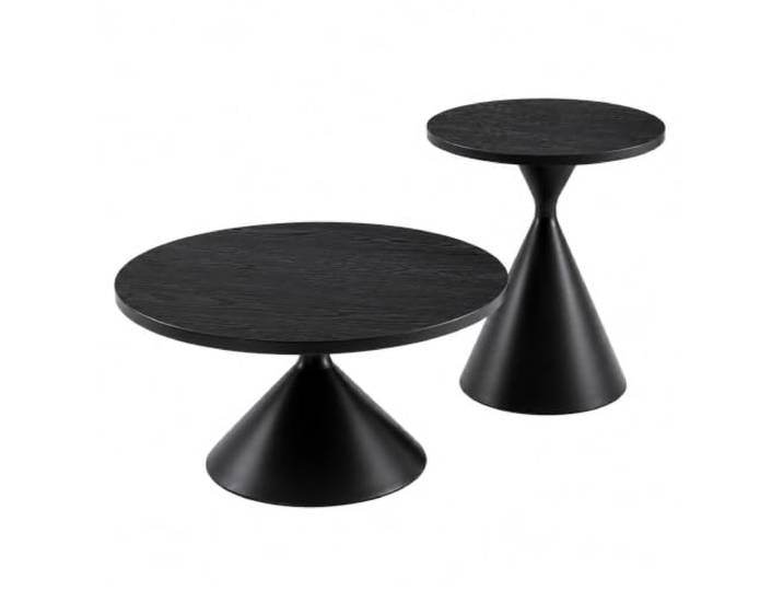 Jastoery 2er Couchtisch Set rund schwarz Ø70 & Ø50 Metall Set aus Couchtisch (Ø70×H40) und Beistelltisch (Ø50×H50). Schwarze Holzoptik, pulverbeschichtetes Stahl-Gestell.