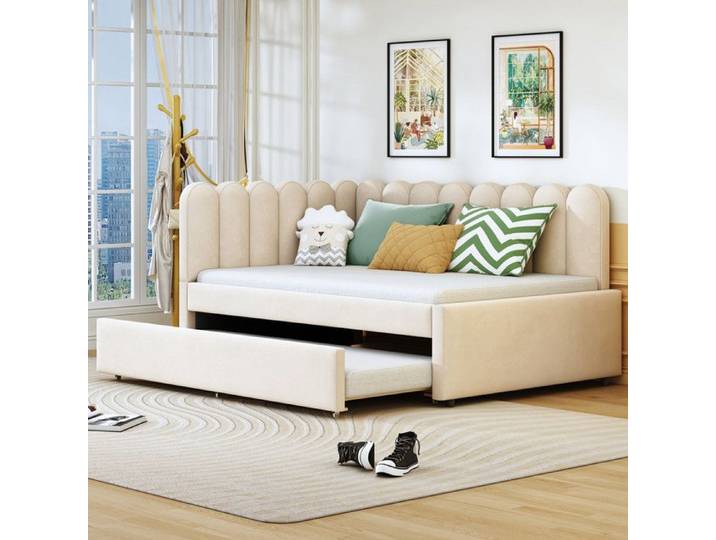 Canapé-Lit Rembourré 140x200 cm avec Lit Gigogne Et Dossier Lit Double Rembourré en Velours Lit 2 Personnes Beige