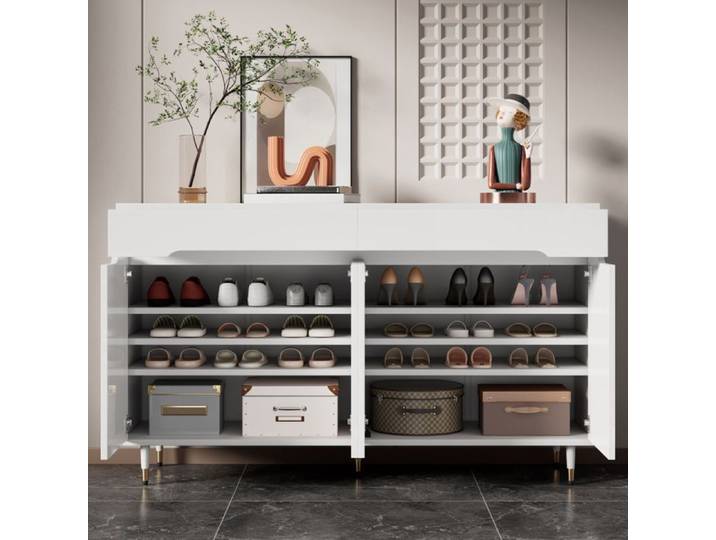 Meuble a chaussures blanc et dore 2 portes 2 tiroirs 18 a 24 paires