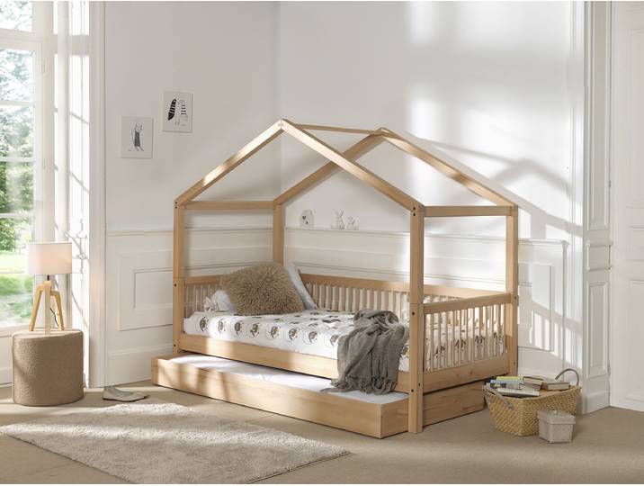 Massives Hausbett Forrest 90 x 200cm Holz/Braun/Buche mit Bettkasten