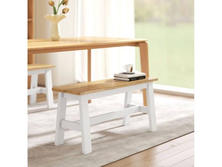 Banc 2 places en bois d'hevea massif 95 x 30 x 45 cm aspect chene et blanc avec barre transversale