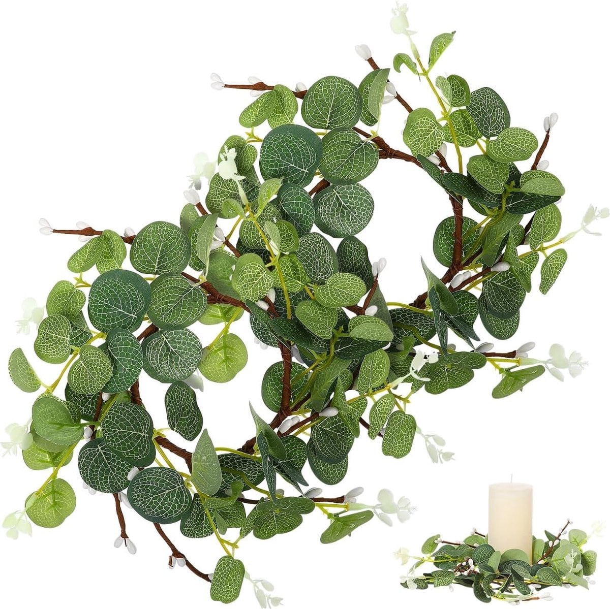 2 Stuks Mini Eucalyptus Krans - Kunstmatige Eucalyptus Kaarsring voor Thuisdecoratie