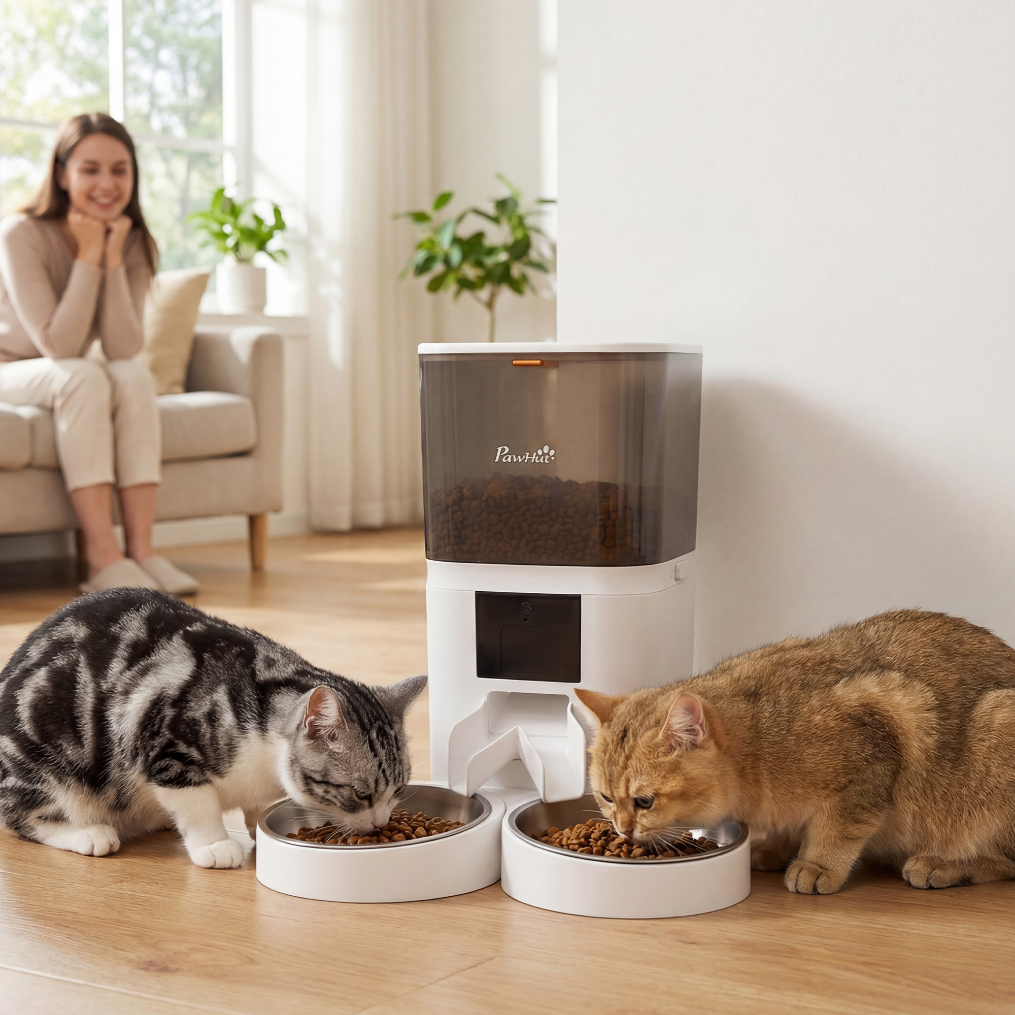 Pawhut Distributore Automatico Cibo Gatti 6L WiFi 2.4G, App Controllo con Timer, 1-10 Pasti al Giorno, Registratore 10s, 2 Ciotole in Acciaio Inox   Aosom Italy