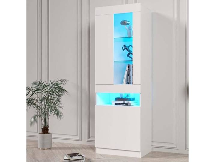 Vitrine O.Ye avec portes et LED - Meuble de rangement - pour salon bureau ou cuisine - 50x40x180 cm - Blanc blanc VITRINE