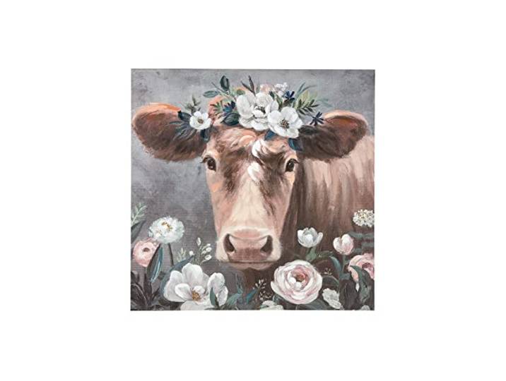 GILDE Tableau mural sur toile XXL – Vache avec fleurs – Décoration murale XL à suspendre – Décoration pour salon – Couleur : naturel/blanc – 90 x 90 cm