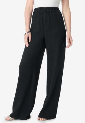 Plus Size Women's Wide Leg Cargo Knit Jean by Roaman's in Black (Size 12)