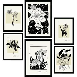 POSTER Set Mit 6 In Schwarzer Tinte Blumen A3 & A4 Rahmenlos