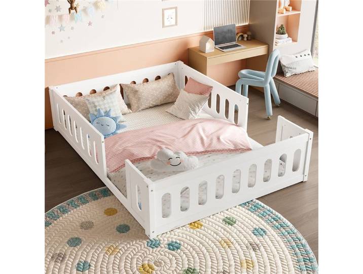 Lit au sol bebe enfant 140x200 avec barrière de sécurité semi‑fermé 2 places lit montessori pour bebe enfant bois blanc