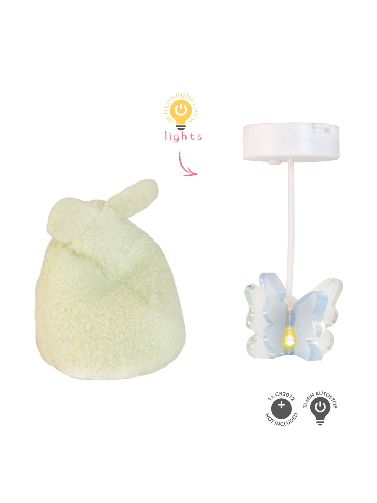 Micki Lundby Schmetterlings-Deckenlampe mit Licht & grünem Pouf. Benötigt 2x CR2032 Batterien (nicht enthalten). 15-Minuten-Auto-Abschaltung.