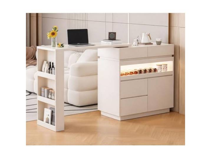 Ausziehbarer Bartisch Sideboard Kombi Raumteiler für Kleine Wohnung Konsolenschrank mit Stauraum für Wohnzimmer Balkon Sofaseite Wandnah(White)