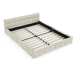 OKWISH Doppelbett Polsterbett Chenille Beige mit quadratischer Steppung, Eukalyptusholz und Eisenrahmen, hohe Stabilität, ohne Matratze 200x160 cm