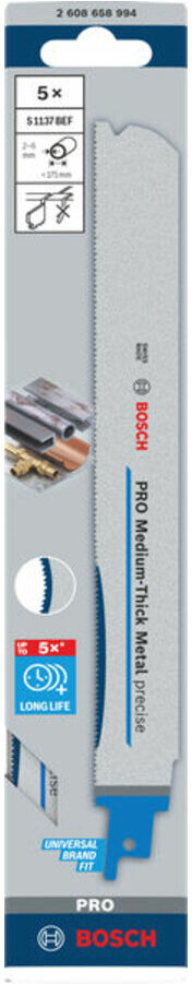 Bosch PRO Medium-Thick Metal precise S1137BEF Säbelsägeblatt, 1,1x25x225 mm, 5-tlg. (2608658994)