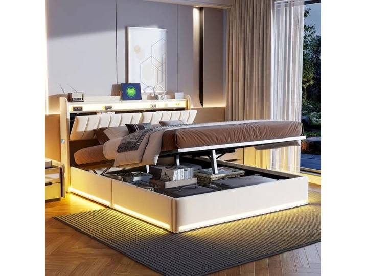 Lit Coffre160x200avec Led Lit Rembourré Lit Rembourré Hydraulique Lit Double avec Rangement Lit Capitonné Lits Pour Adulte Coffre