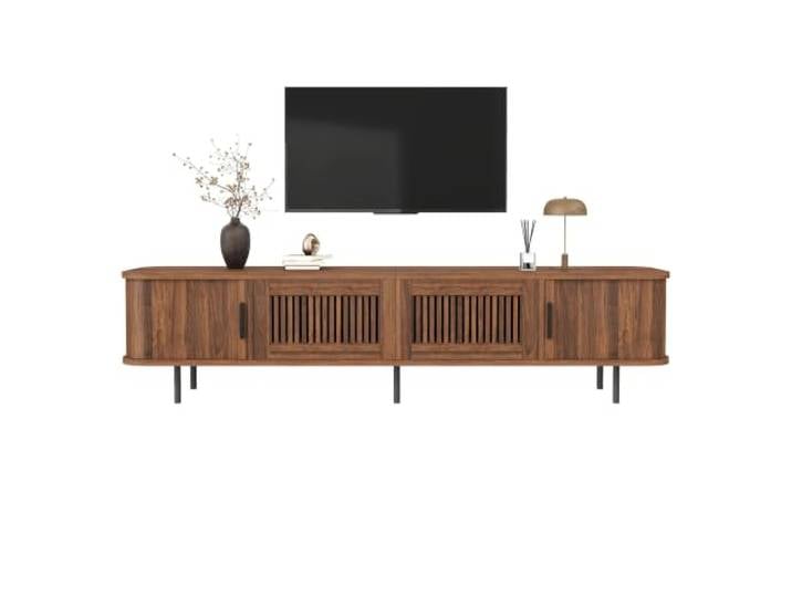 Ropilly TV-Schrank Nussbaum, TV-Lowboard abgerundet mit LED, 180cm 180 cm TV‑Schrank mit LED‑Beleuchtung, abgerundeten Kanten, Schiebetüren und Gitterschubladen.