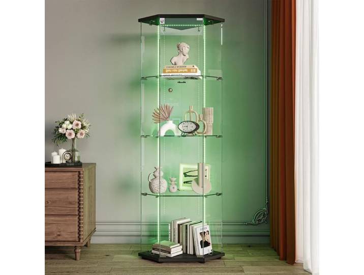 Vitrine d'Exposition - 60x162cm - Cabinet 4 Niveaux d'Angle Pentagone avec LED Verrouillable - Noir