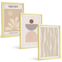 BILDER SET 3er Set - 40x60 cm Goldrahmen - Stilvolle abstrakte Beigetöne
