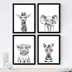 POSTER Set mit 4 „Tiere mit 3DBrille“ A4 Schwarzer Rahmen