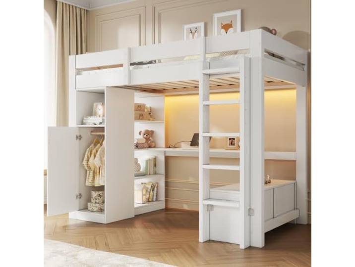 BTM Holz Hochbett 90x200 mit Schreibtisch und Kleiderschrank Kinderhochbett mit LED-Beleuchtung, Regalen und USB, Weiß