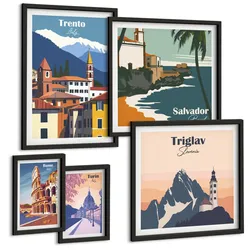 BILDER SET 5er Set - 50x50 cm & 20x30 cm & 40x60 cm Schwarzer Rahmen - Blicke auf berühmte Orte am Meer