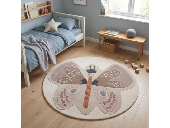 Morgenland Kinderteppich Handgetuftet Wolle Creme 120x120cm Rund 100% Schurwolle, Kollektion Kids, Kinderzimmer, Handarbeit