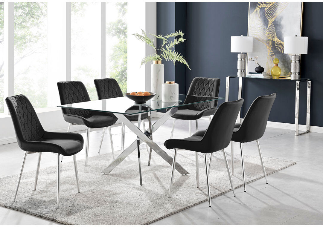 Canora Grey Lenworth Glass Rectangular Dining Table Set with 6 Luxury Velvet Chairs Black/Silver/Silver 6
