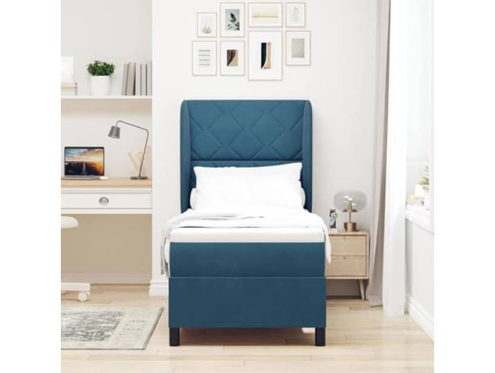 KTHLBRH Boxspringbett mit Kopfteil dunkelblau 200 x 80 cm Samt Kopfteil verstellbar, 2 Höhen, mittlere Matratze, Gestell aus Massivholz, einfache Montage