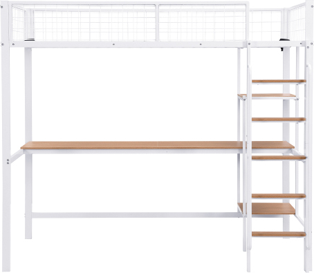 Eisenrahmenbett 90x200cm Ohne Matratze Weiss Naturbelassen Mit Tisch Regalen Fuenfstufige Leiter Fallschutzgitter Etagenbett Stauraumbett Fuer Kinder