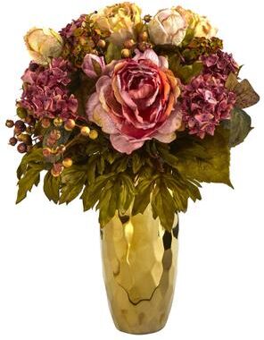 Nearly Natural "19"" Peony Artificial Arrangement in Gold Vase"