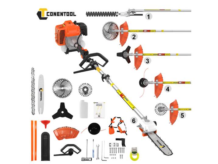 CONENTOOL 52CC 6-en-1 Débroussailleuse à essence, Tondeuse à gazon, Taille-haie, Tronçonneuse, Outil de jardinage multifonction 2 temps