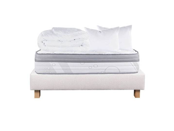 REINALD - Pack Matelas + Sommier Tapissier Beige 140x190 cm + 2 Oreillers + 1 Couette