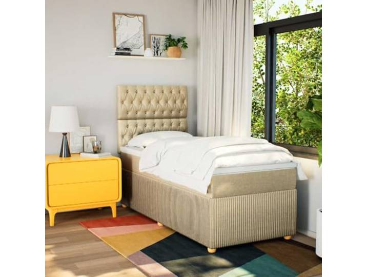 KTHLBRH Boxspringbett mit Matratze Creme 90 x 190 cm aus Stoff Verstellbares Kopfteil, Lattenrost inklusive, waschbarer Matratzenbezug, unabhängige Unterstützung