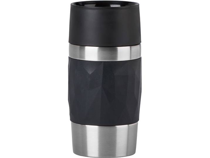 Thermobecher EMSA Travel Mug Compact , schwarz, H:15cm Ø:7,2cm, Edelstahl, Kunststoff, Silikon, Trinkgefäße, Thermobecher, 0,3L, Edelstahl, 3h warm/6h kalt, 360Trinköffnung, spülmaschinenfest