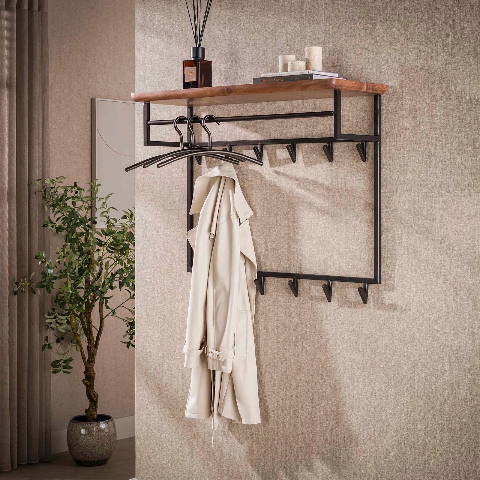 WoonStijl Kapstok Edge Curve met 12 haken, Acacia hout en metaal, Bruin/Brons