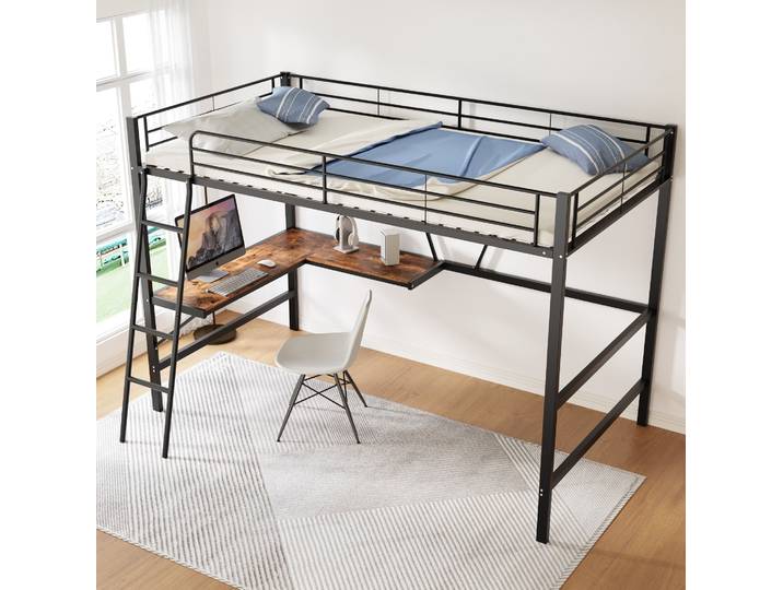 Lit Adulte Bureau Metal 90x200 Noir Avec Echelle Etagere Havrya