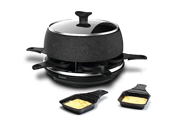 Tefal Raclette & Fondue Cheese'n Co, Elektrischer Raclette-Grill + Fondue-Gerät, für 6 Personen, 6 Pfännchen, 6 Gabeln, 1 Topf+Deckel, Rezeptbuch, Stein-Optik, spülmaschinengeeignet, 850W, RE12C8