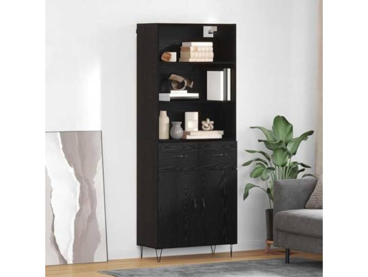 RJPLMFV Highboard aus Holz, Eiche, Schwarz, mit Schublade Füße aus Eisen, breite Regale, für Esszimmer und Wohnzimmer, pflegeleicht