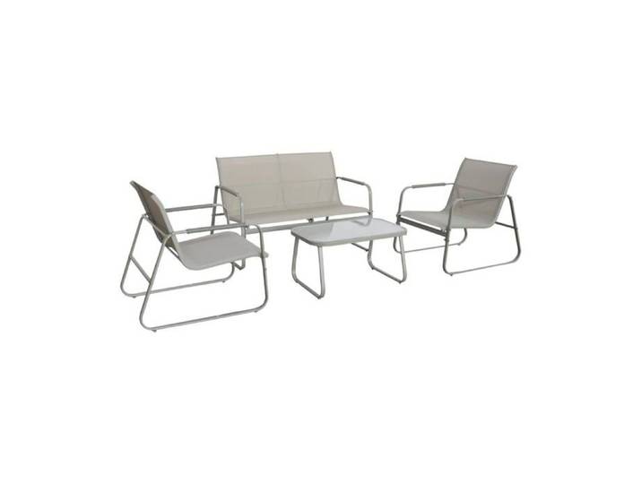 Salon de jardin kaki NOTO acier. 4 places. un canapé. une table. deux fauteuils textilene